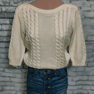 Vintage pin up boat neck 3/4 sleeve Cable Knit Sweater thick weave Ivory Cropped